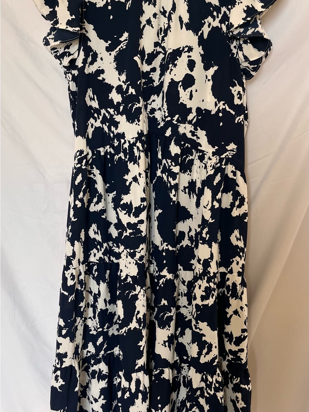 Navy and White Tiered Flutter Sleeve Midi Dress